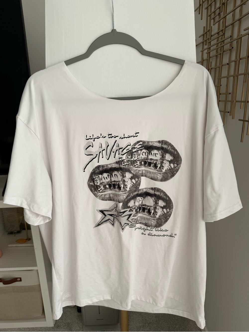 SHEIN White Short-Sleeve Graphic Tee with Black Print
